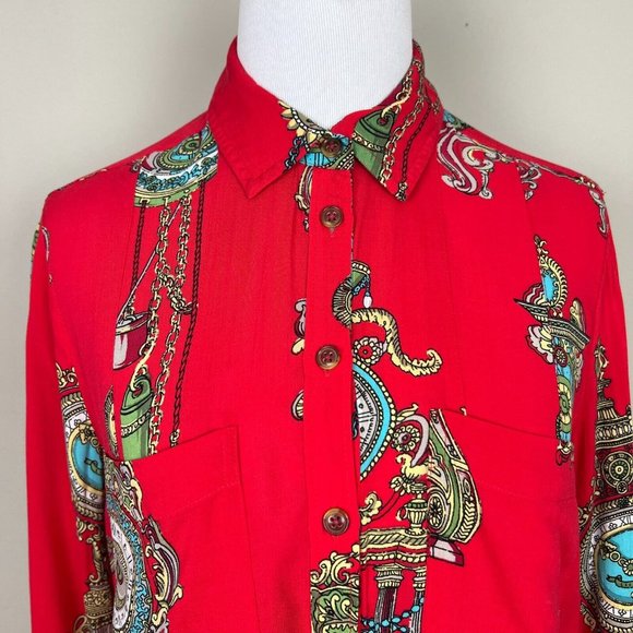 Maeve Anthropologie Shirt Women 4 Red Clock Long Sleeve Whimsy‎ Button Down Top - Picture 3 of 12